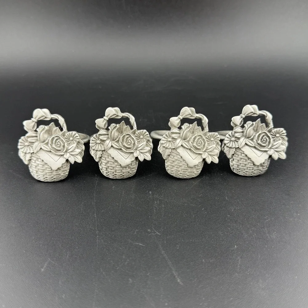 Vintage Pewter Flower Basket Napkin Rings Set Of 4 Floral Rose Daisy Bow Cast